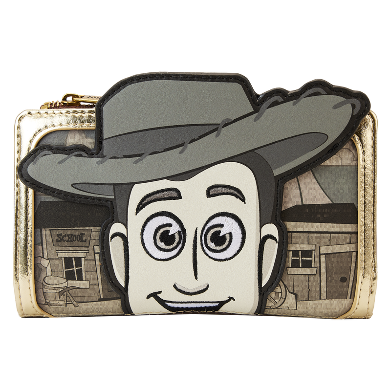 Image of the Woody Puppet Wallet featuring Woody's face on the front and a vintage western background behind him.